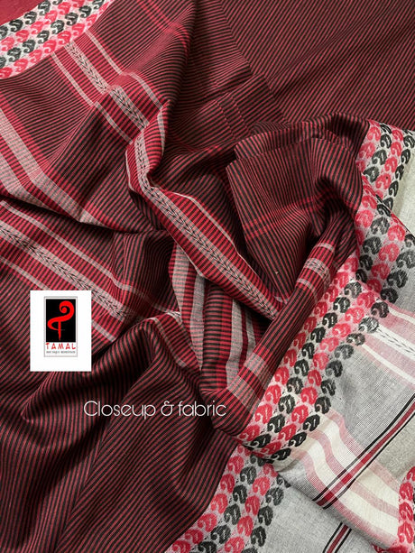 White with maroon and black dhonekhali cotton handloom saree