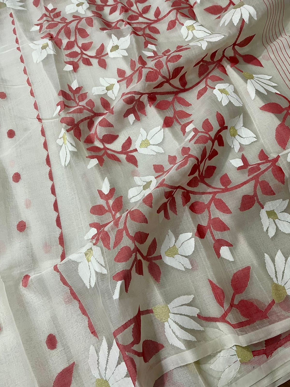 White with red & golden floral motifs handwoven muslin silk jamdani saree