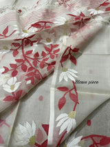 White with red & golden floral motifs handwoven muslin silk jamdani saree