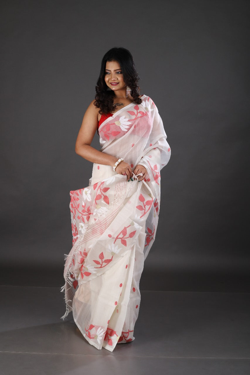 White with red & golden floral motifs handwoven muslin silk jamdani saree