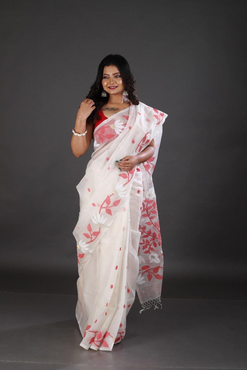White with red & golden floral motifs handwoven muslin silk jamdani saree