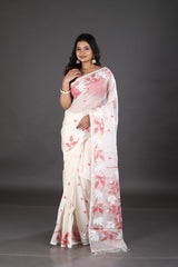 White with red & golden floral motifs handwoven muslin silk jamdani saree