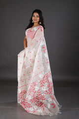 White with red & golden floral motifs handwoven muslin silk jamdani saree