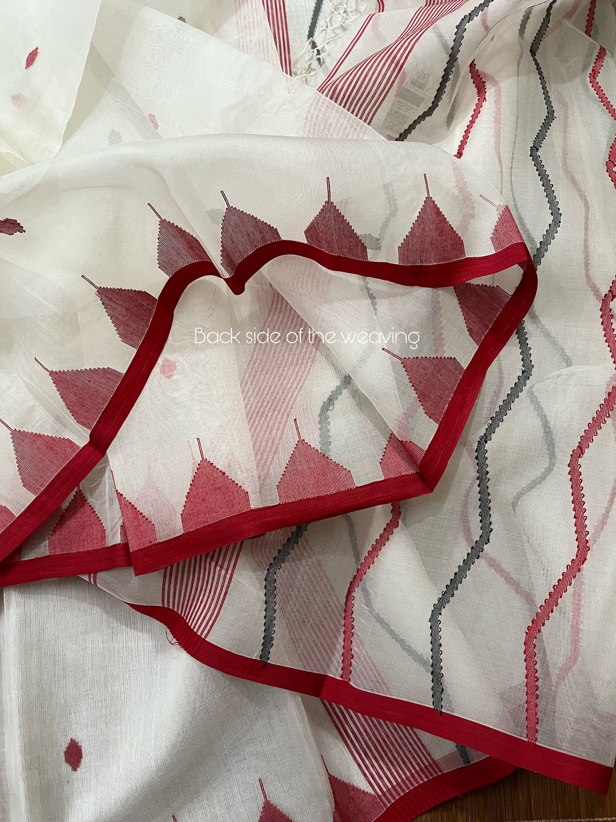White with red and black temple border handwoven jamdani saree in muslin silk