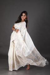 White with zari & ghicha work traditional handwoven matka silk jamdani saree