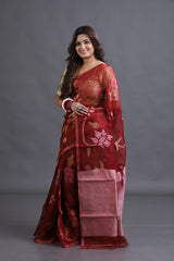 Red Wine with multicolour allover floral Muslin silk handwoven jamdani saree