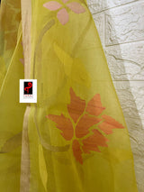 Yellow with tusser border allover floral handwoven jamdani saree in muslin silk