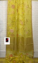 Yellow with tusser border allover floral handwoven jamdani saree in muslin silk