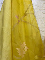 yellow with Multicolour allover floral motifs handwoven muslin silk jamdani saree