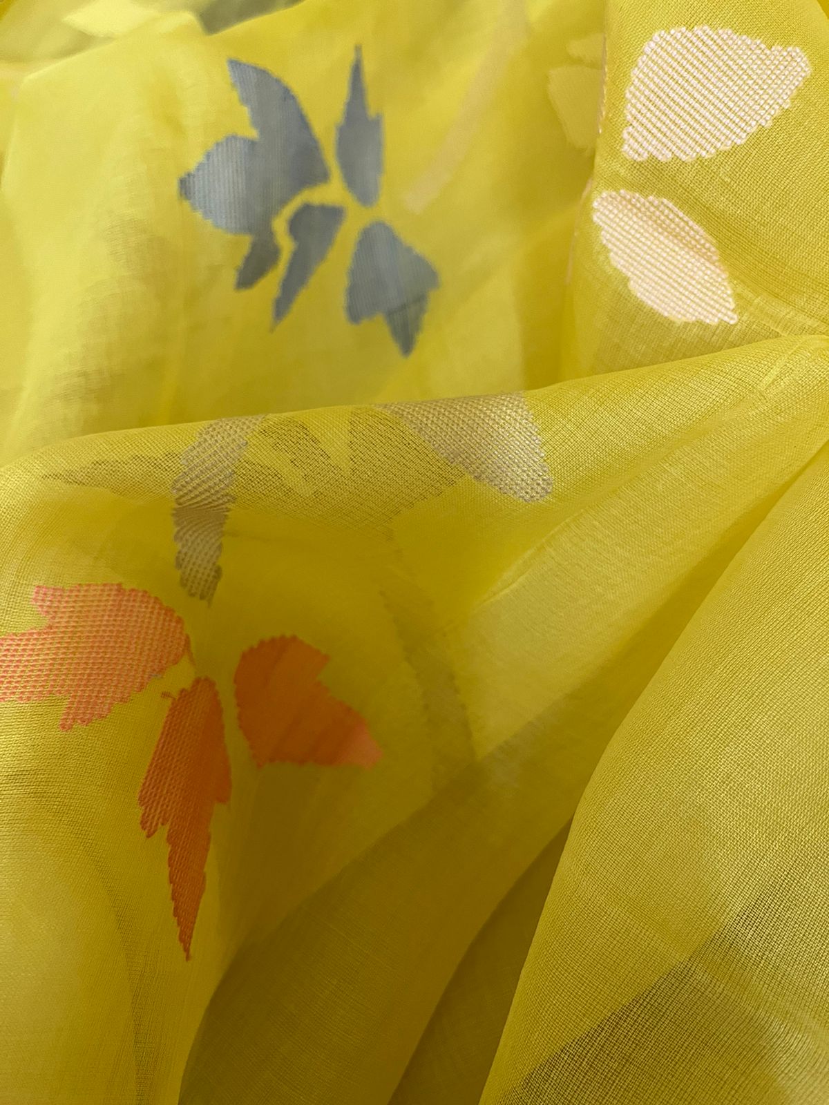 yellow with Multicolour allover floral motifs handwoven muslin silk jamdani saree