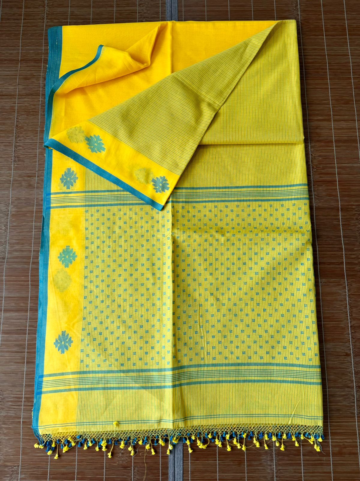 Yellow with firoza border half & half stripe cotton handwoven jamdani - Tamal Boutique