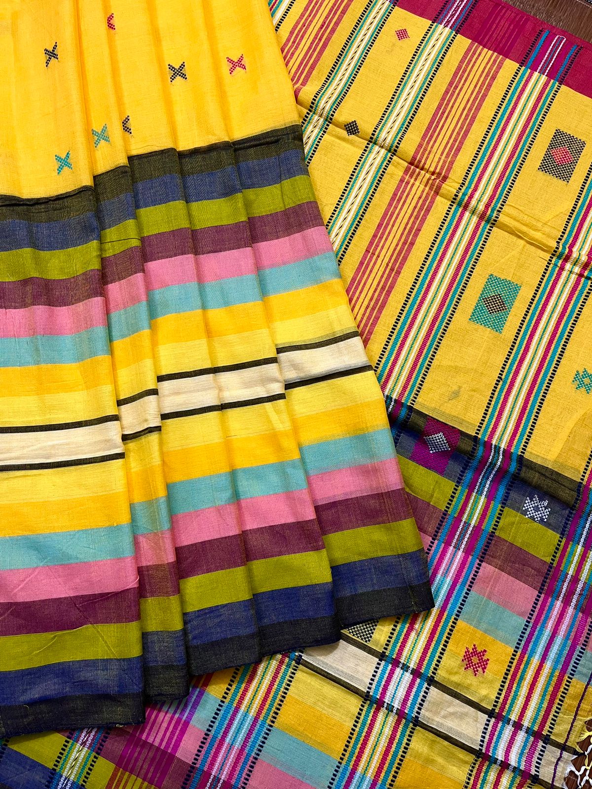 Yellow with multi colour bhujodi design in fulia cotton handloom saree