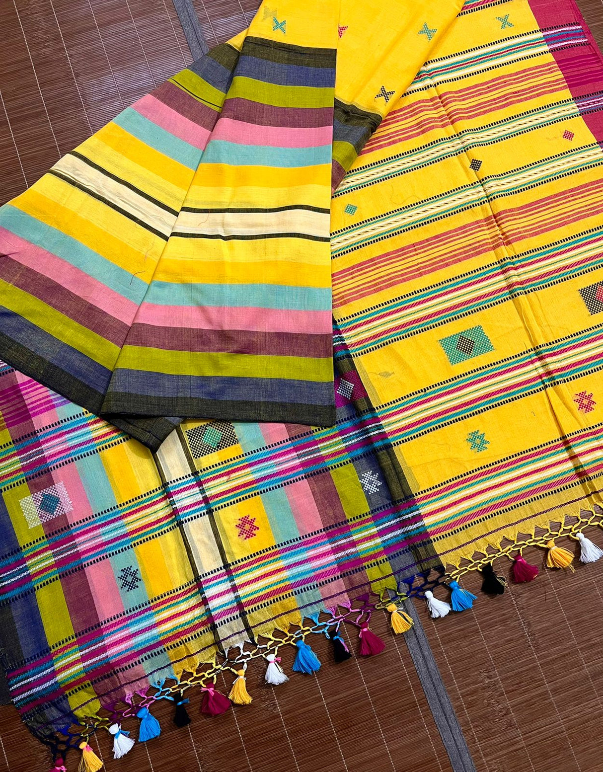 Yellow with multi colour bhujodi design in fulia cotton handloom saree