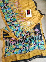 Yellow with multi colour lotus batik design in katan silk
