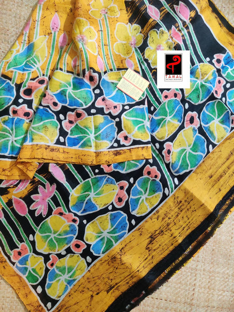 Yellow with multi colour lotus batik design in katan silk - Tamal Boutique