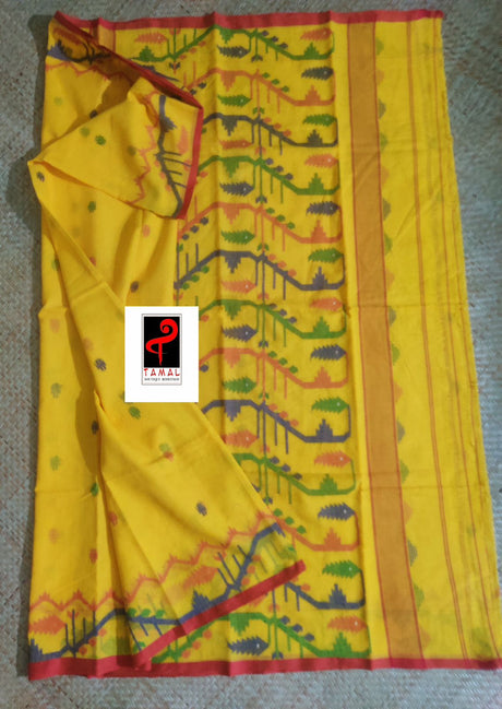 Yellow with multi colour traditional handwoven cotton jamdani saree