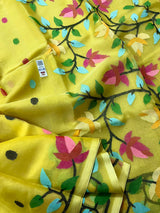Yellow with multi floral lata design handwoven muslin silk jamdani saree