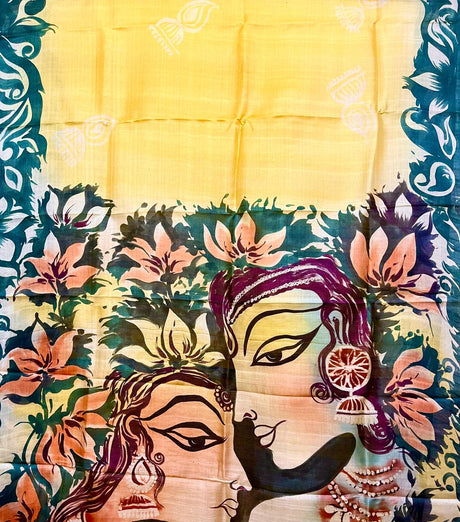 Yellow with other colour shiva parbati hand painted tusser silk saree - Tamal Boutique