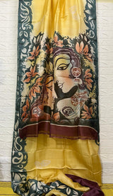 Yellow with other colour shiva parbati hand painted tusser silk saree