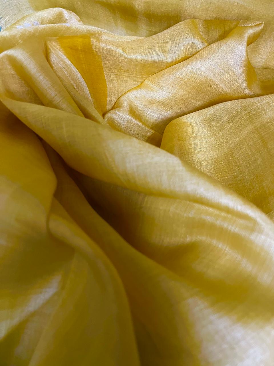 Yellow with other colour shiva parbati hand painted tusser silk saree - Tamal Boutique