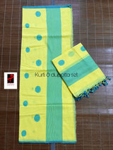 Yellow with sea green colour palka dot cotton handwoven jamadani kurti & dupatta set