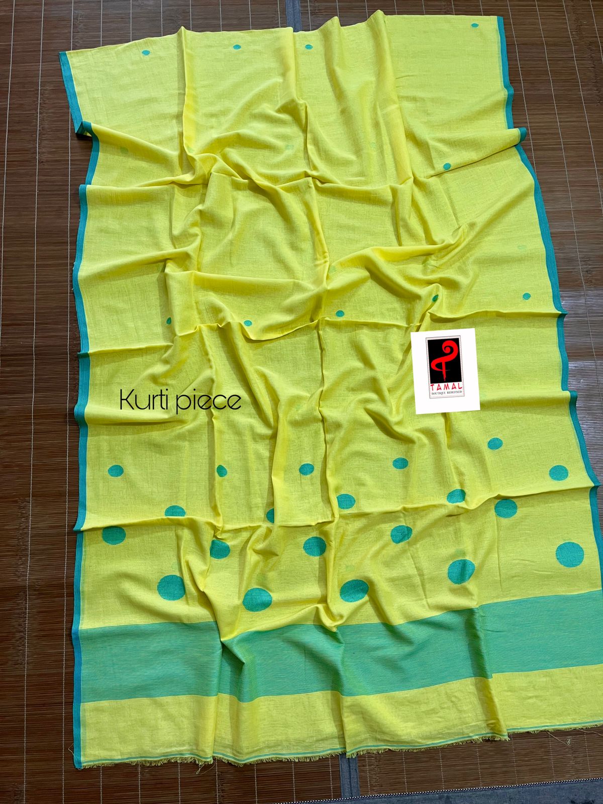 Yellow with sea green colour palka dot cotton handwoven jamadani kurti & dupatta set