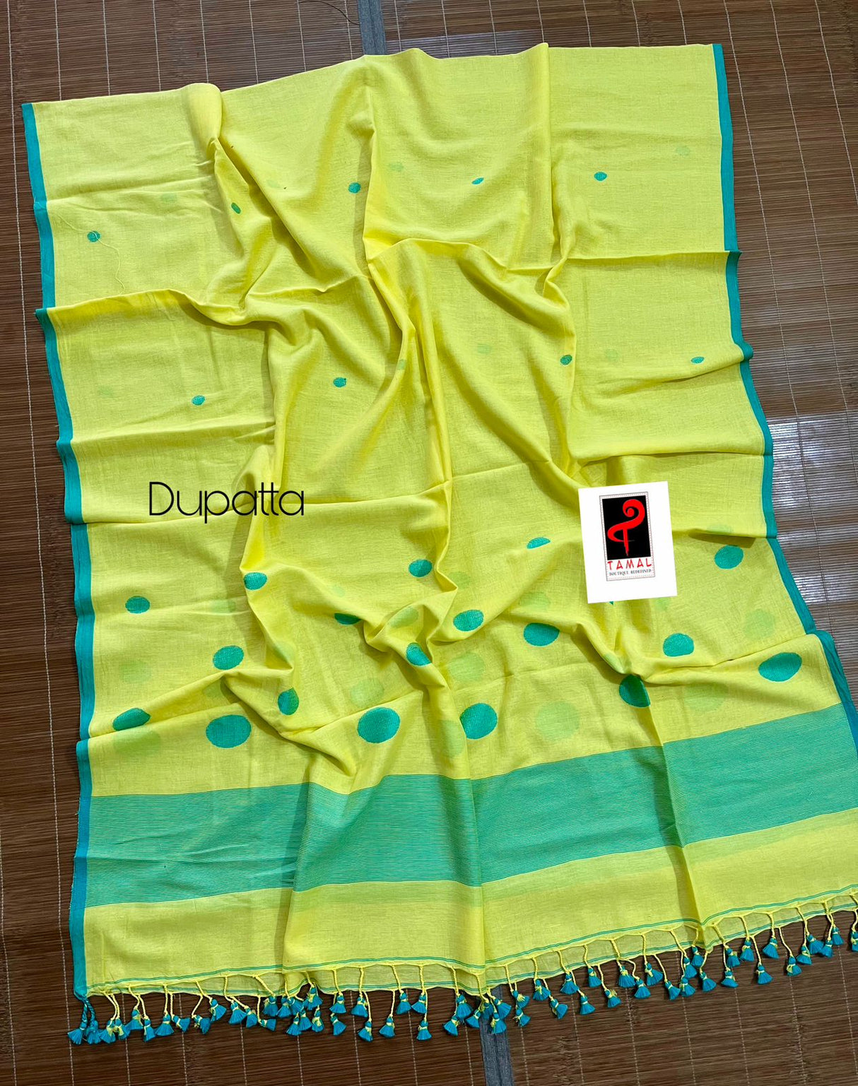 Yellow with sea green colour palka dot cotton handwoven jamadani kurti & dupatta set - Tamal Boutique