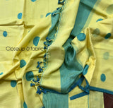 Yellow with sea green colour palka dot cotton handwoven jamadani kurti & dupatta set - Tamal Boutique