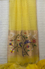 Yellow with zari border paithani sequins handwoven organza silk saree - Tamal Boutique