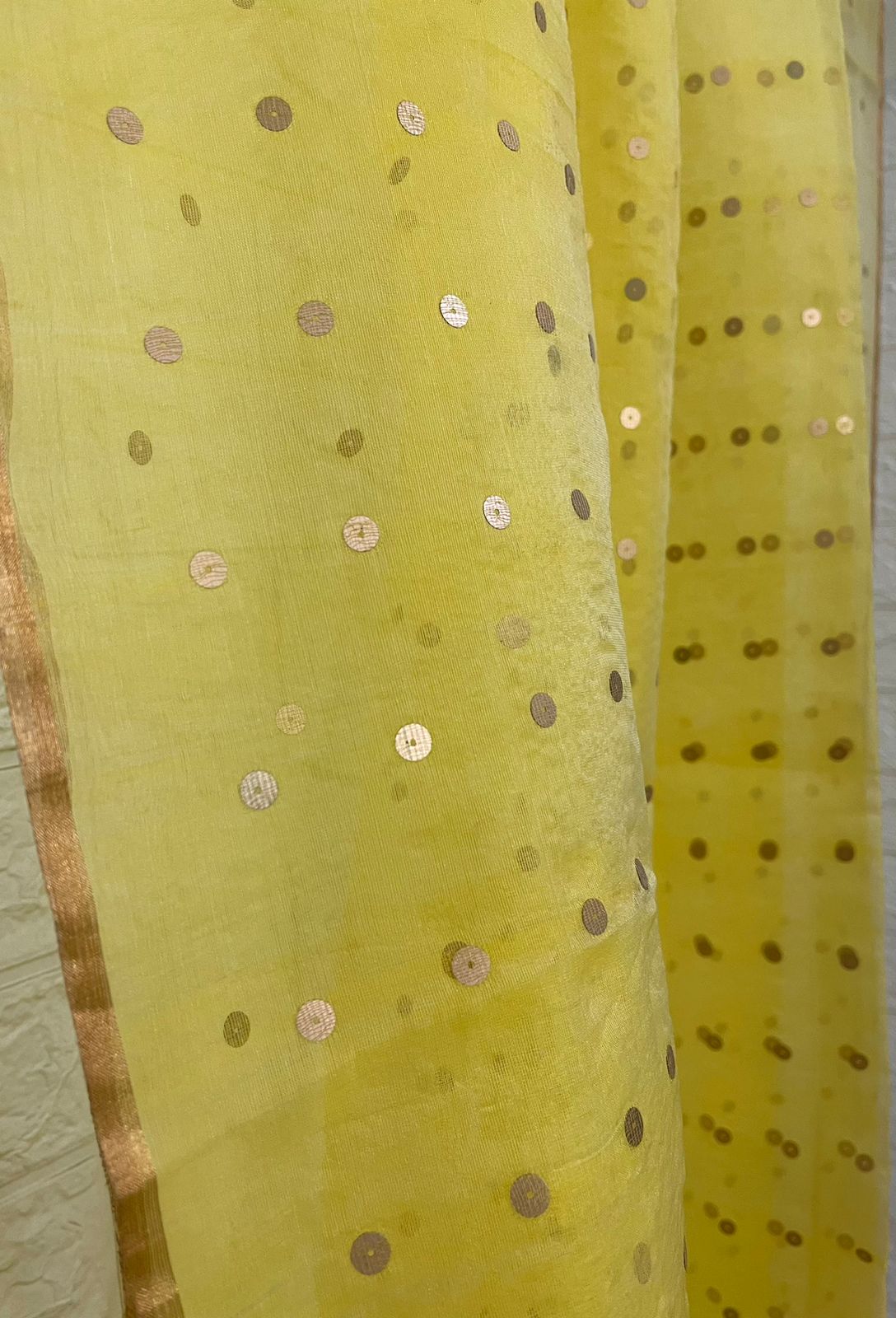 Yellow with zari border paithani sequins handwoven organza silk saree