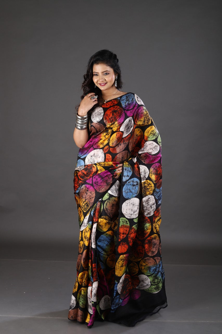 Black with multi colour palka dot hand batik in katan silk saree - Tamal Boutique