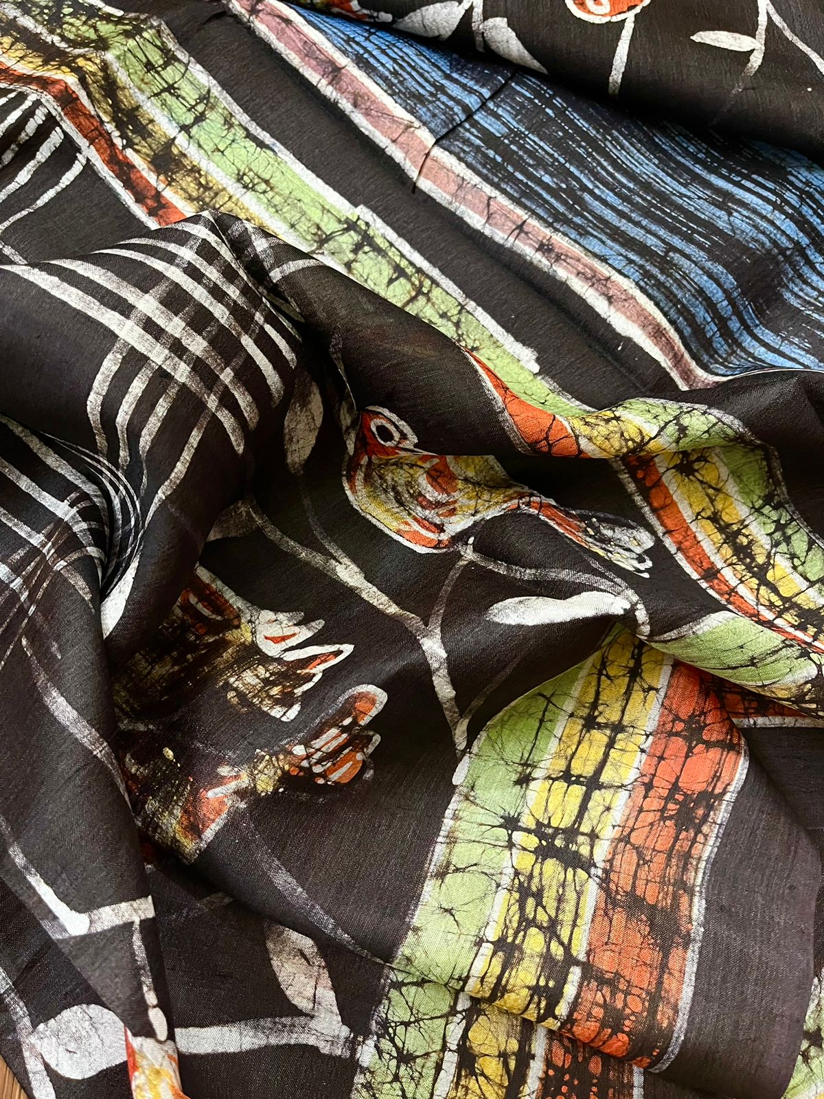 Black checks bird design hand batik in katan silk saree - Tamal Boutique