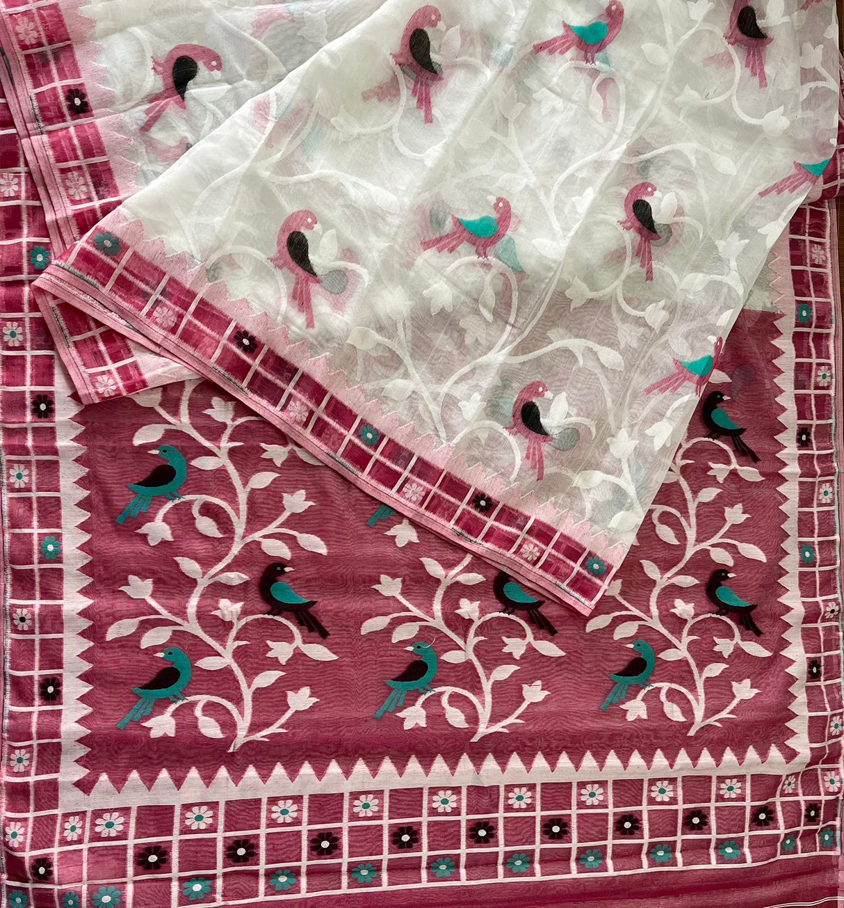 White with onion pink bird motifs soft handloom dhakai jamdani saree
