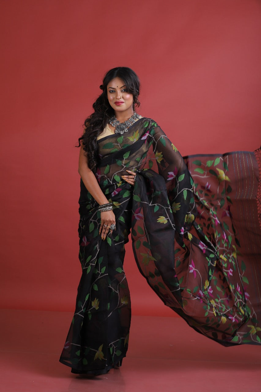 Black with multi colour allover floral handwoven jamdani saree