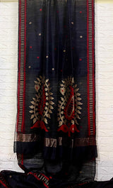 Black with red & beige colour kalka motifs matka silk handwoven jamdani saree