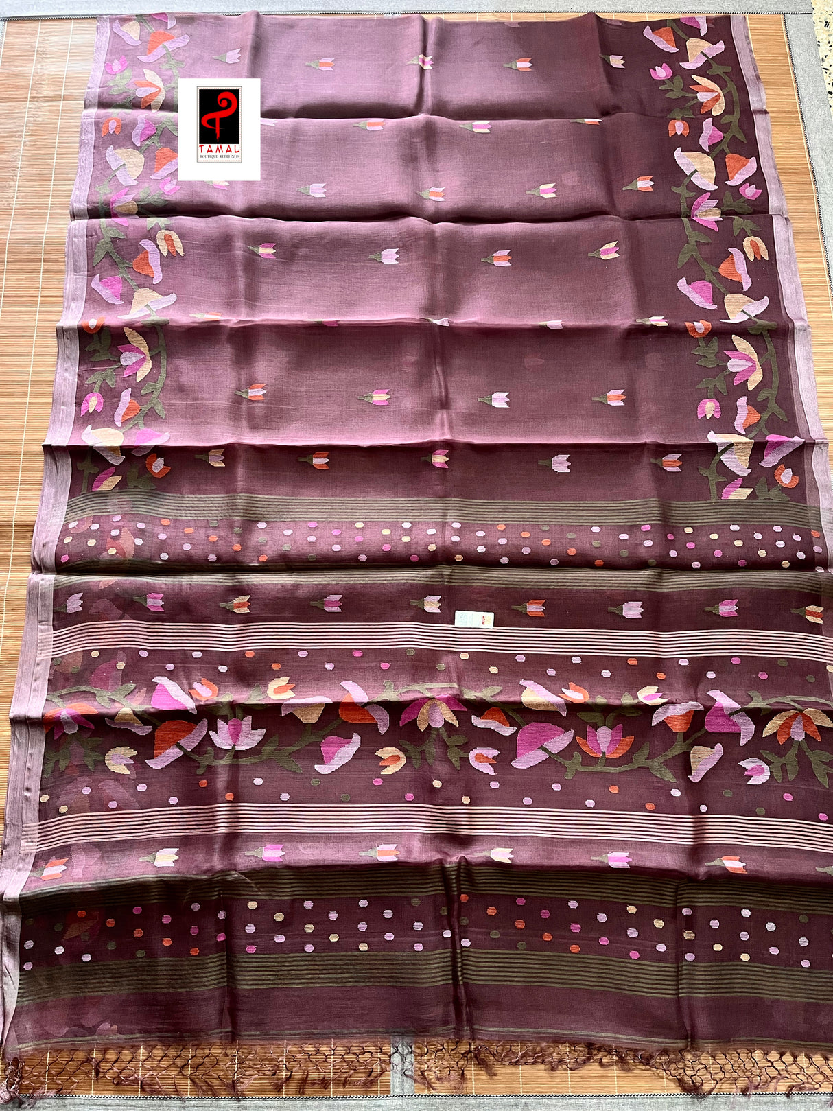 Chocolate brown kalmilata handwoven floral jamdani saree in muslin silk