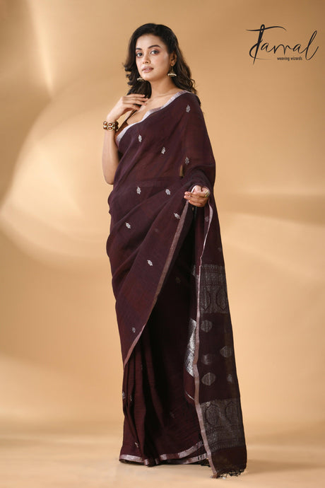 dark-chocolate-pure-linen-handloom-banarasi-saree full