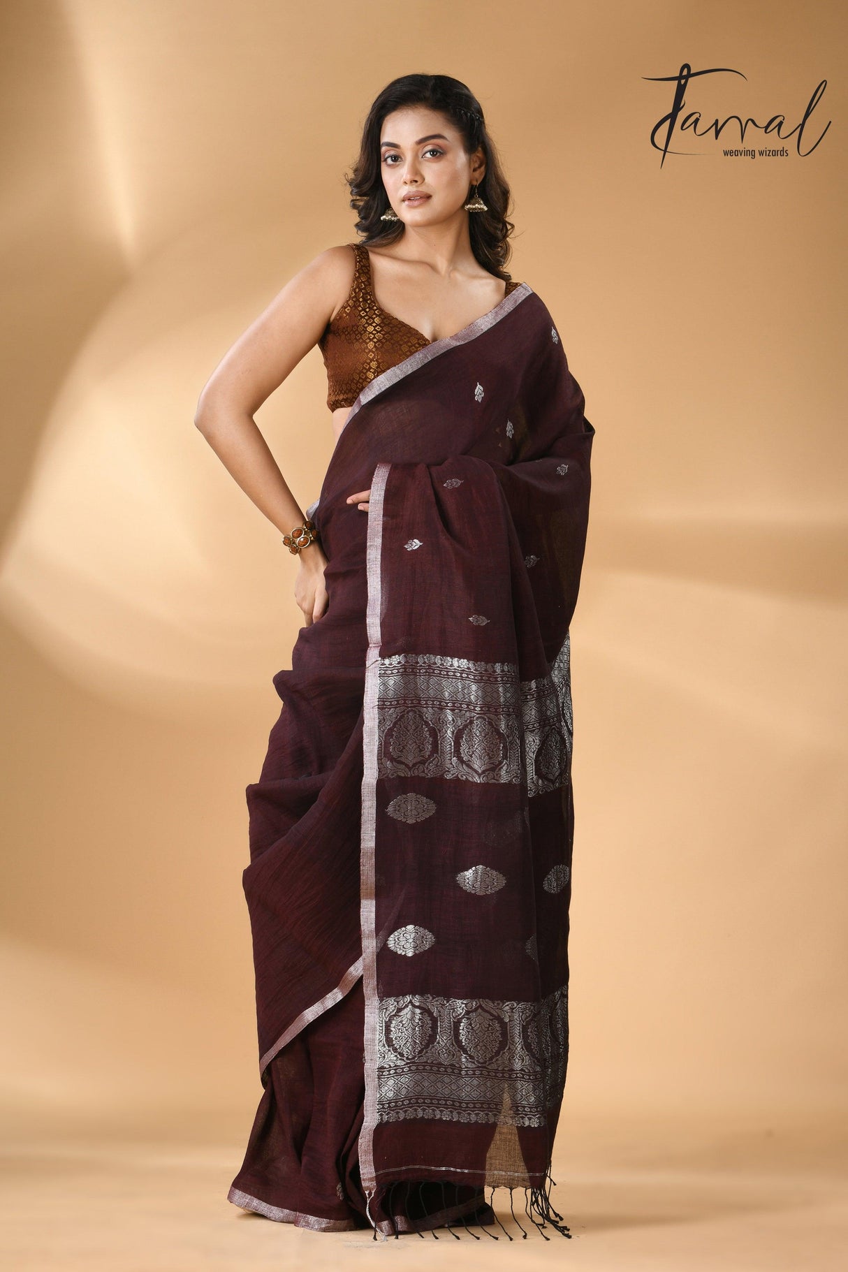 dark-chocolate-pure-linen-handloom-banarasi-saree full3