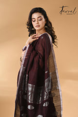 dark-chocolate-pure-linen-handloom-banarasi-saree left