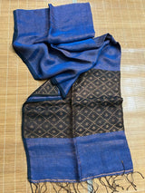 Blue with black zari linen pallu jamdani handloom saree - Tamal Boutique