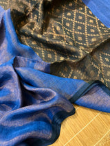 Blue with black zari linen pallu jamdani handloom saree