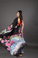 Swan & lotus handcrafted black & multicolour batik silk saree