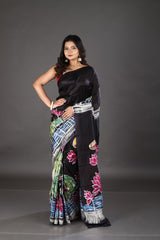 Swan & lotus handcrafted black & multicolour batik silk saree