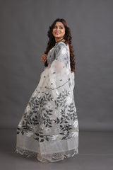 Offwhite with black & white floral muslin silk handwoven jamdani saree