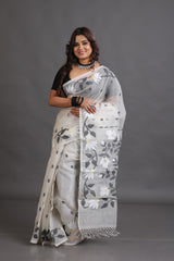 Offwhite with black & white floral muslin silk handwoven jamdani saree