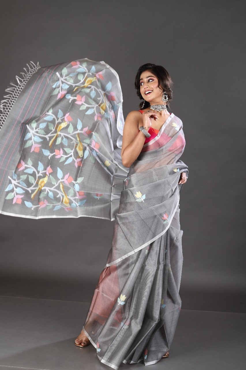 Grey with multi colour floral & birds motifs muslin silk handwoven jamdani saree - Tamal Boutique