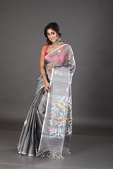 Grey with multi colour floral & birds motifs muslin silk handwoven jamdani saree - Tamal Boutique