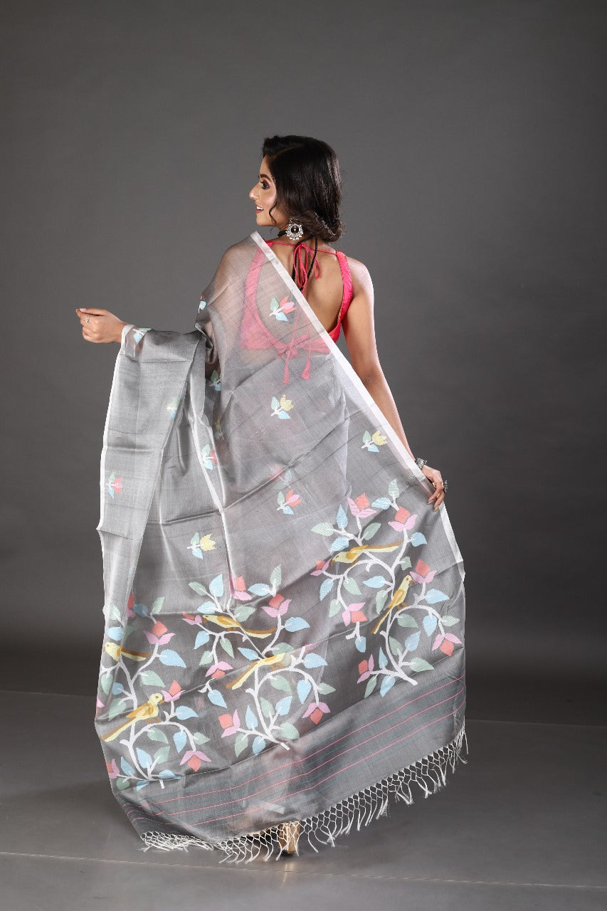 Grey with multi colour floral & birds motifs muslin silk handwoven jamdani saree - Tamal Boutique