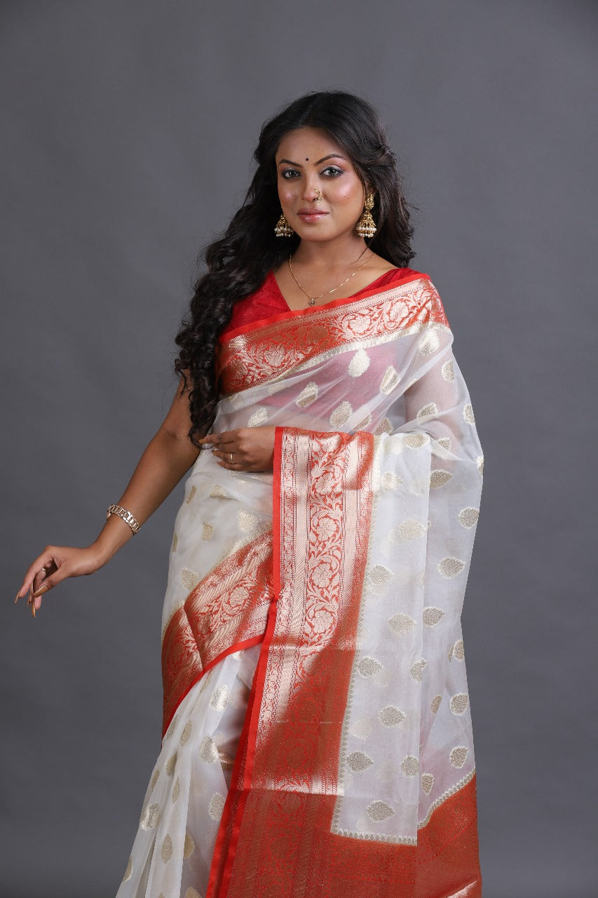 Offwhite with red kora organza silk handloom jamdani saree