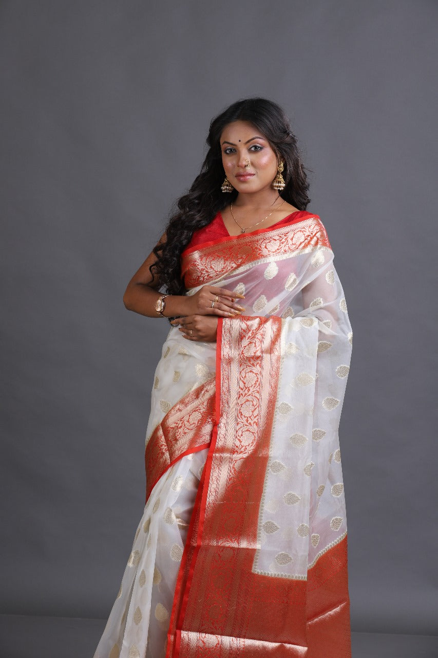 Offwhite with red kora organza silk handloom jamdani saree - Tamal Boutique